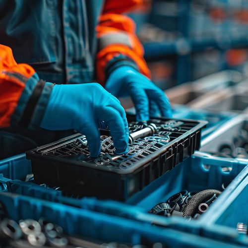 An unrecognized worker or a close shot of a warehouse worker hand organizing spare parts and accessories according to its size or models with space for text, Generative AI.
